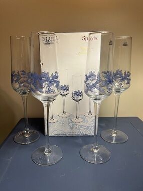 Spode Blue Floral Champagne Flutes - Blue Pattern Set of 4